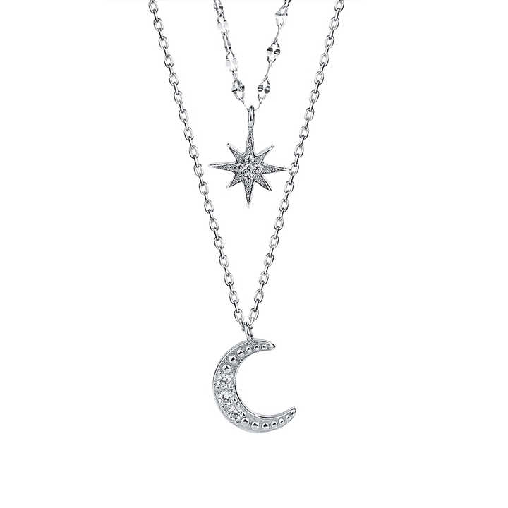 Charming Jewelry 925 sterling silver necklace Double chain moon star necklaces for woman