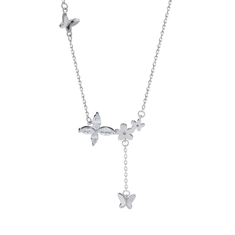 collier pendentif papillon, fleur en zircon S925